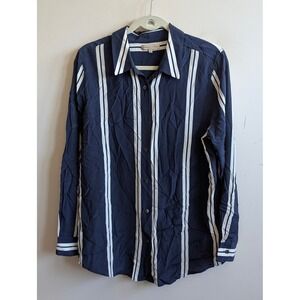 Frances Austen 100% Silk Striped Button Down Shirt Navy Blue White Womens Large